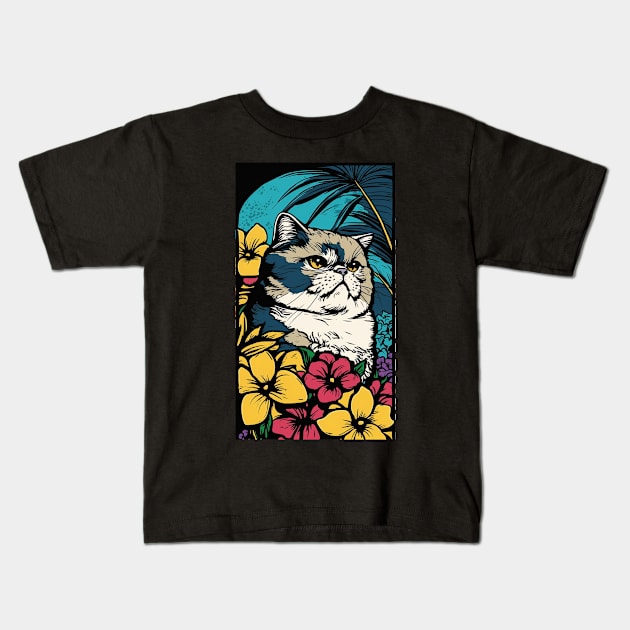 Exotic Shorthair Cat Vibrant Tropical Flower Tall Retro Vintage Digital Pop Art Portrait Kids T-Shirt by ArtHouseFlunky